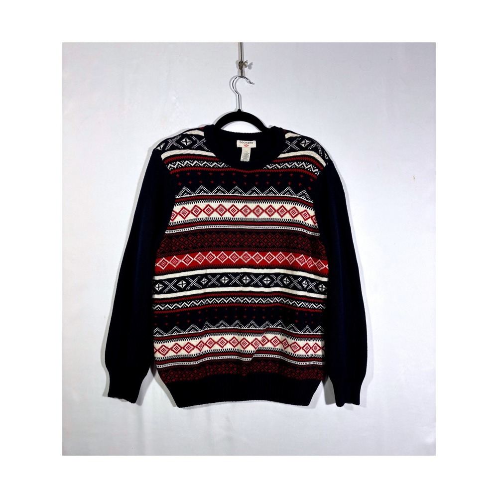 Vintage Retro Holiday Fair Isle Dockers Knit Sweater Mens Large Blue Red White